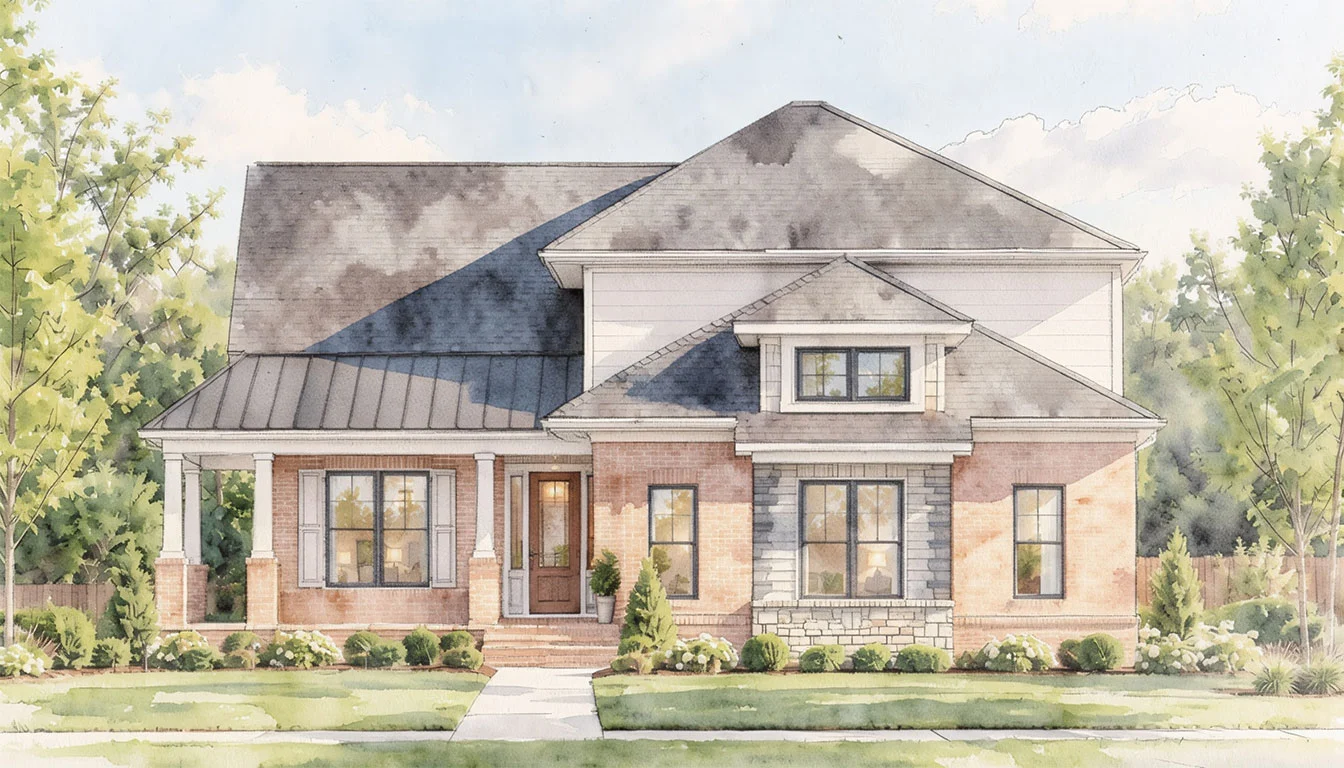 Two-story brick house with large windows, slate roof, and inviting porch, set amid lush greenery, showcasing home builder craftsmanship.