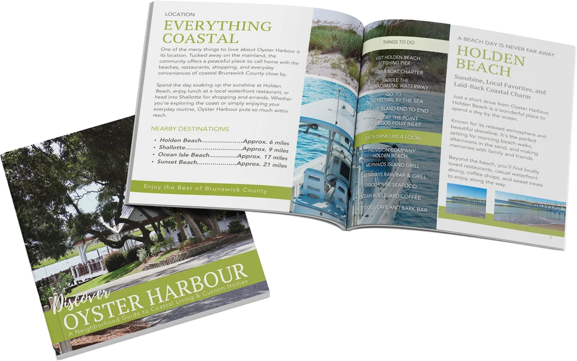 Brochure highlighting Oyster Harbour, a coastal community, featuring nearby beaches, activities, and home builder opportunities in Brunswick County.