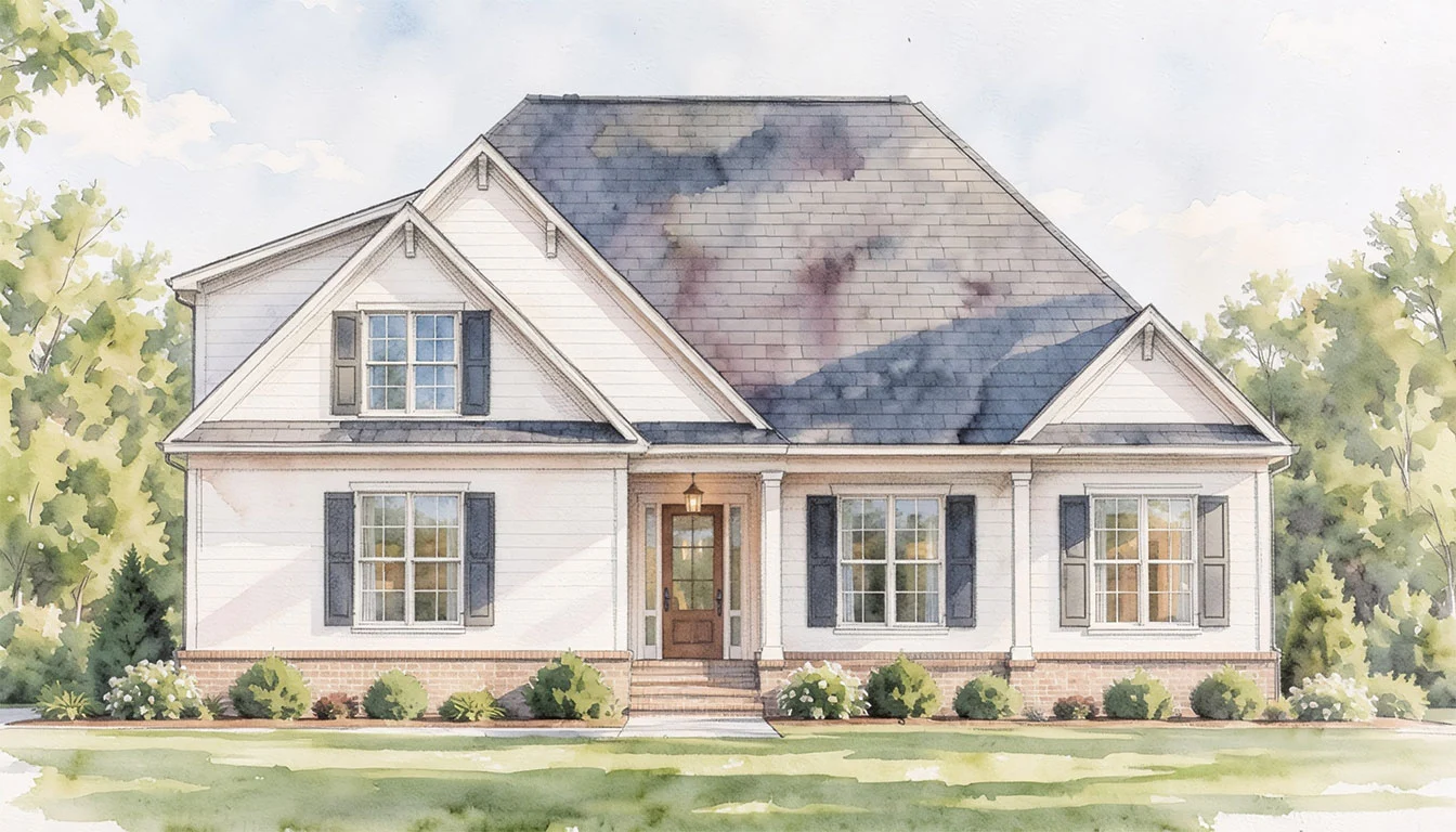 Charming single-story white house with gabled roof, brick foundation, large windows, and surrounded by greenery, ideal for any home builder project.