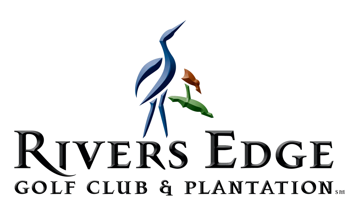 Rivers Edge Golf Club & Plantation logo featuring a stylized blue heron with orange flower and green leaves. Ideal for home builder communities.