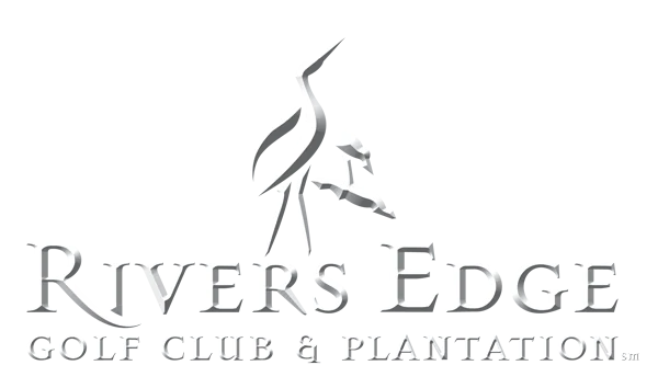 rivers-edge-white Rivers Edge Golf Club & Plantation logo featuring stylized golfer silhouette, ideal for those seeking a golf-centered lifestyle from a home builder.